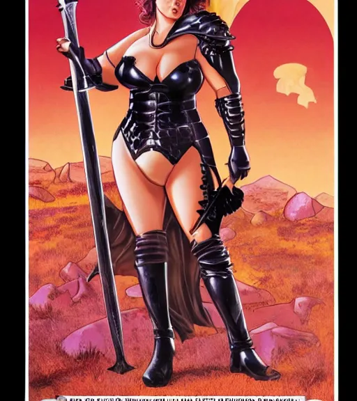 Image similar to 1 9 8 0 s fantasy novel book cover, bbw plus size amazonian young molly ringwald in extremely tight bikini armor wielding a cartoonishly large sword, exaggerated body features, dark and smoky background, low quality print