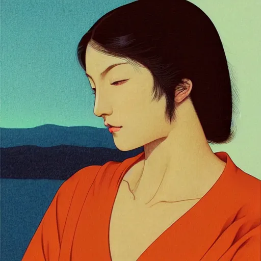 Image similar to a portrait of a beautiful brunette female model with dramatic lighting, by kawase hasui, moebius, edward hopper, colorful flat surreal design, hd, 8 k, artstation