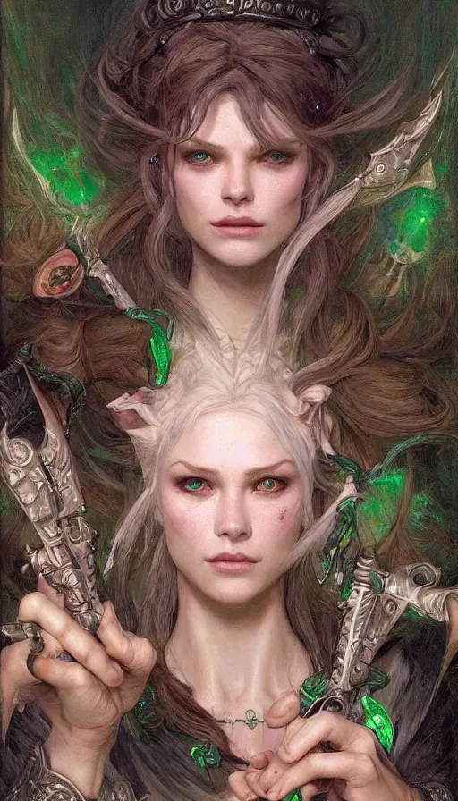 Image similar to epic masterpiece portrait alice in dungeons and dragons, sweaty skin, hyperrealistic, octane render, cinematic, beautiful face and flawless skin, perfect hands, emeralds by Edgar Maxence and Ross Tran and Michael Whelan, Legends of Runeterra