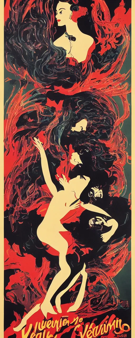 Prompt: a vintage movie poster titled Vulvine, representing a queen falling in love with death, romance, fantasy, oriental by Saul Bass