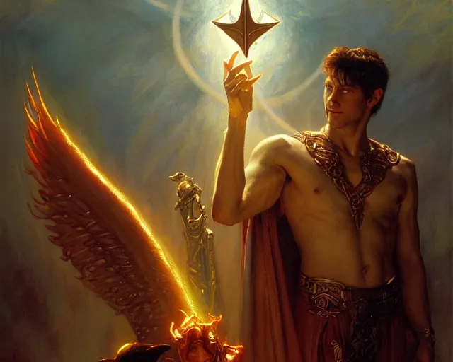 Image similar to attractive male deity, casting demonic magic, summoning handsome lucifer morning star. highly detailed painting by gaston bussiere, craig mullins, j. c. leyendecker 8 k