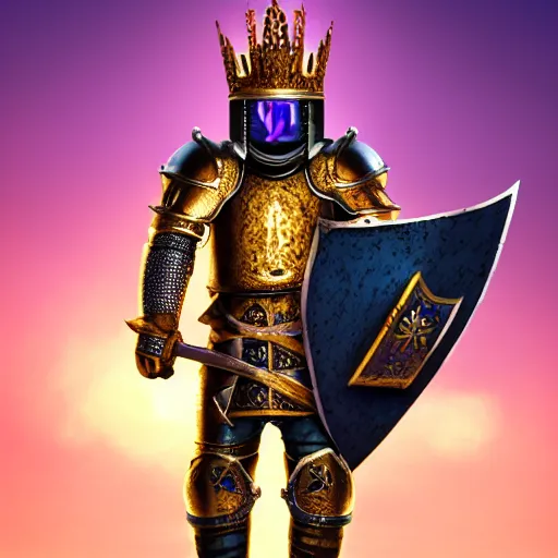 Image similar to a highly detailed knight with glowing purple eyes in a T golden helmet and a golden crown with a blue diamond in the center, golden armor, leather clothes under the armor, leather gloves, holds a black sword, artstation, DeviantArt, professional, octane render, sunset lighting