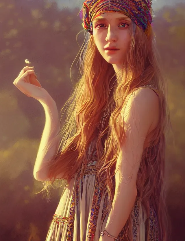 Image similar to a young woman wearing a boho dress at woodstock, hippie girl, long blonde hair, groovy hairband, bangs, intricate, smooth, groovy lighting, highly detailed, digital painting, artstation, concept art, smooth, sharp focus, illustration, art by wlop, mars ravelo and greg rutkowski