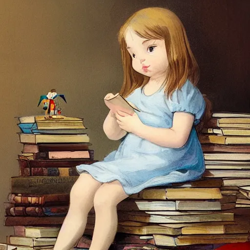 Prompt: a cute little girl with a round cherubic face, blue eyes, and short wavy light brown hair sitting on top of a stack of books. beautiful cartoon painting with flat colors and highly detailed face by quentin blake and greg rutkowski