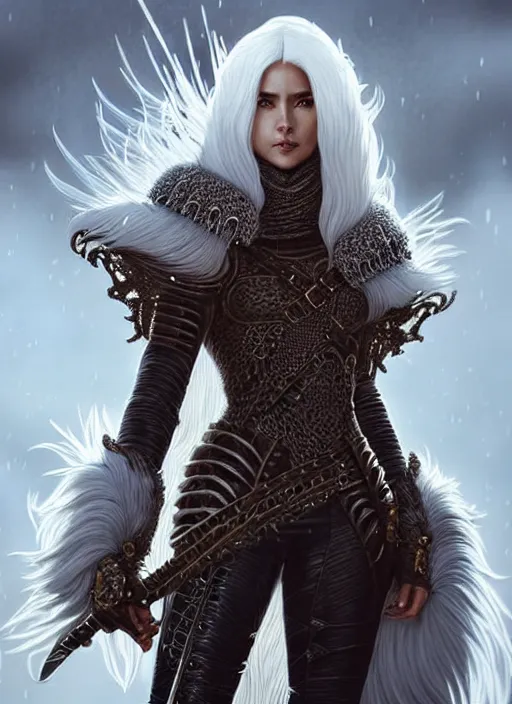 Image similar to fur leather armor!!! long wild white hair!! covered chest!!! fantasy, d & d, intricate ornate details, symmetry, concept art, sharp focus, illustration, art by artgerm! greg rutkowski magali villeneuve wlop! ilya kuvshinov!!, octane render, unreal engine 5, highly rendered!!