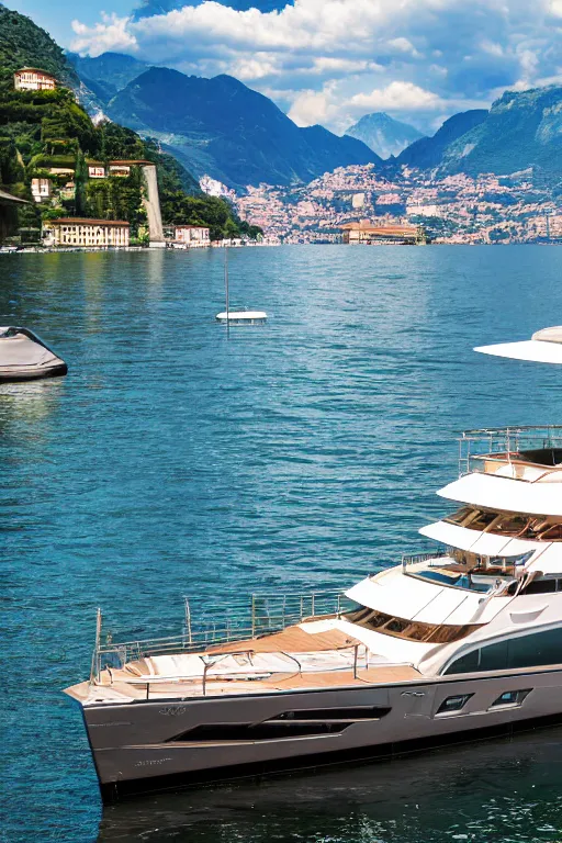 Image similar to Photo of a Riva Aquarama docked in Lake Como, with Lake Como in the background, wide shot, daylight, blue sky, summer, dramatic lighting, award winning, highly detailed, 1980s, luxury lifestyle, fine art print, best selling.