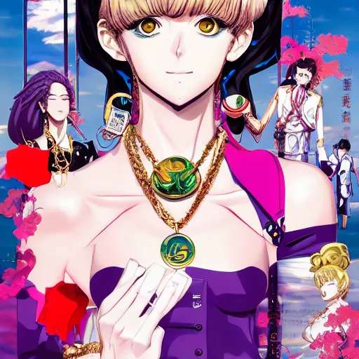 Image similar to Magazine Cover Anime key visual of a Gucci girl; official media; typography; drawn by Hirohiko Araki; Jojo's Bizarre Adventure; Jojolion, portrait, made by Stanley Artgerm Lau, WLOP, Rossdraws, James Jean, Andrei Riabovitchev, Marc Simonetti, Yoshitaka Amano, ArtStation