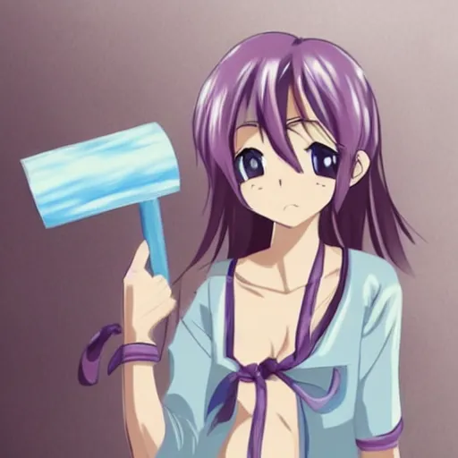 Image similar to anime drawing of a woman happy because she has a roll of toilet paper, cute, anime style