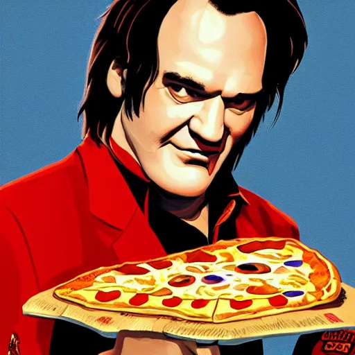 Image similar to pulp portrait colorful of quentin tarantino eating a slice of pizza, illustration, artstation