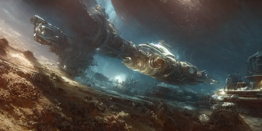 Prompt: a dieselpunk spaceship lies at the bottom of the sea in a coral reef, underwater, matte painting, dramatic lighting, submecanophobia, fantasy, intricate, elegant, digital painting, concept art, sharp focus, illustration by greg rutkowski, darek zabrocki and john berkey, 4 k.