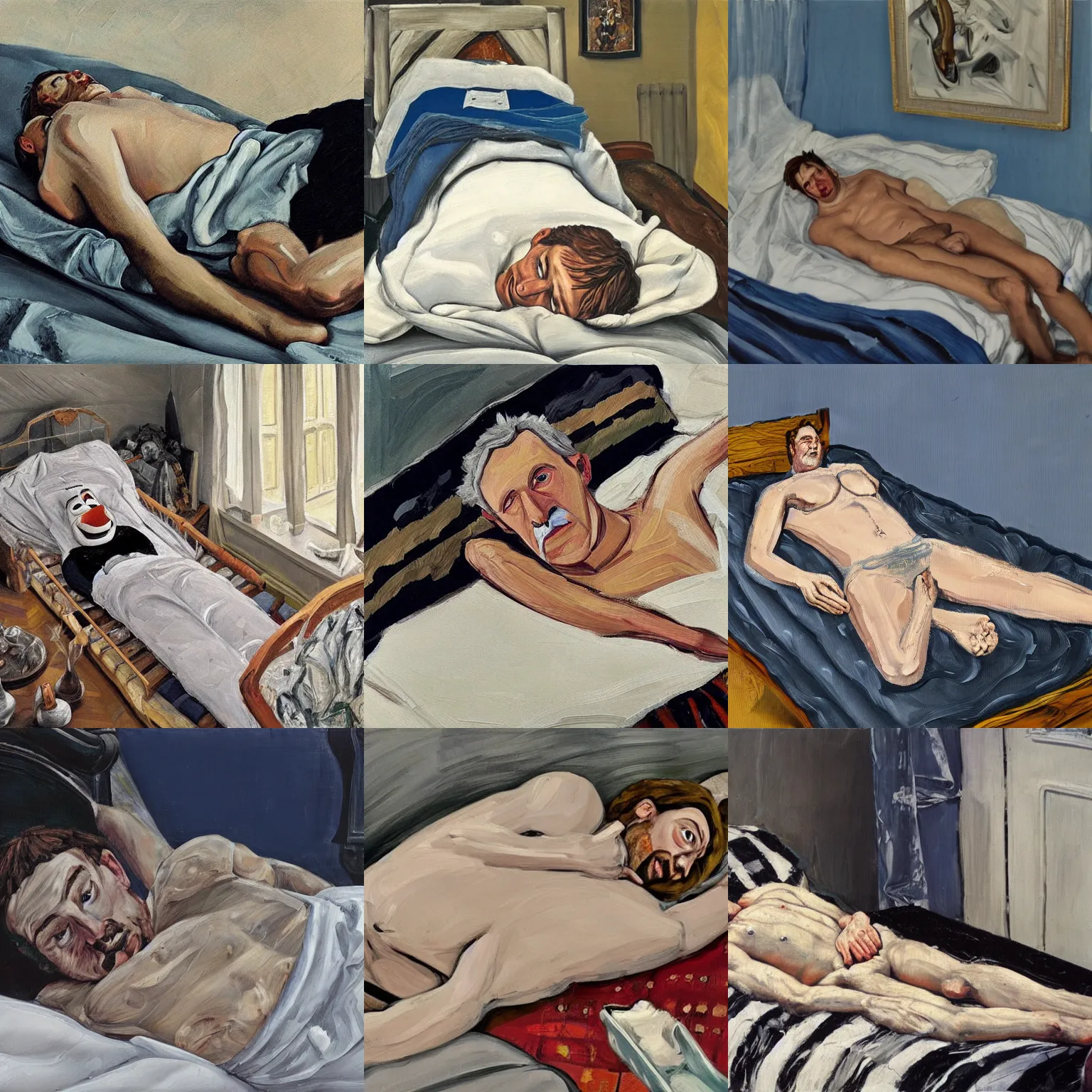 Prompt: Olaf from Frozen lying on a bed, painting by Lucian Freud