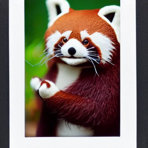 Prompt: a very beautiful polaroid picture of a red panda plushie