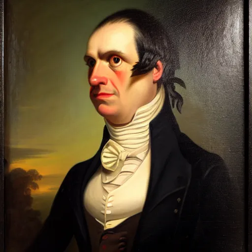 Image similar to head and shoulders portrait painting of an anthropomorphic!!! crocodile wearing a colonial outfit looking off camera, a character portrait, american romanticism, oil on canvas, diffused lighting