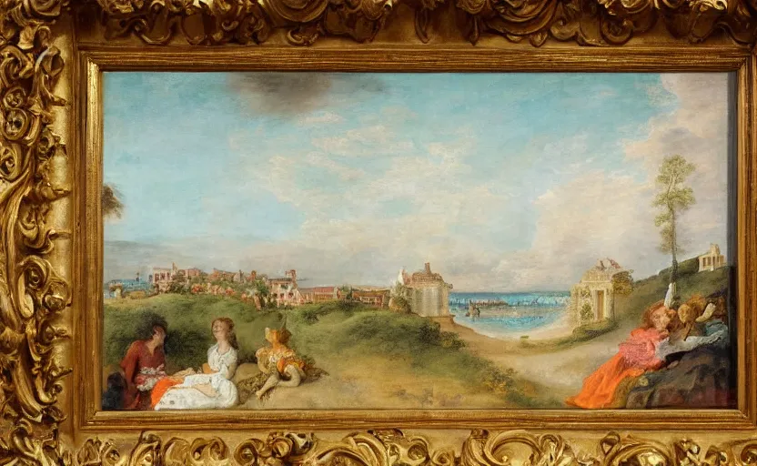 Image similar to oil painting of a house made of cheetos, beach in the background, rococo style, in the style of antoine watteau, johann baptist zimmerman, extremely detailed