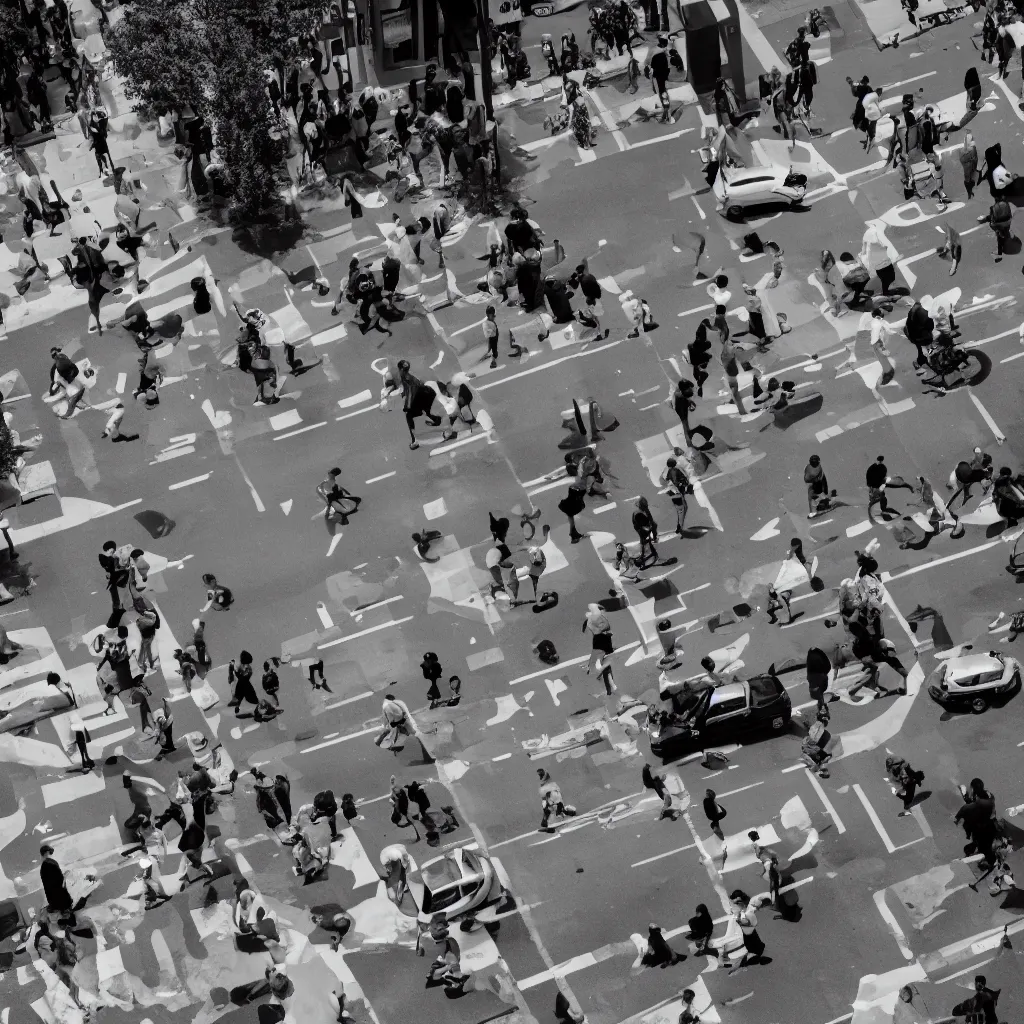 Image similar to a black and white photo of people crossing a street, a tilt shift photo by ned m. seidler, featured on pexels, photorealism, streetscape, anamorphic lens flare, dynamic composition