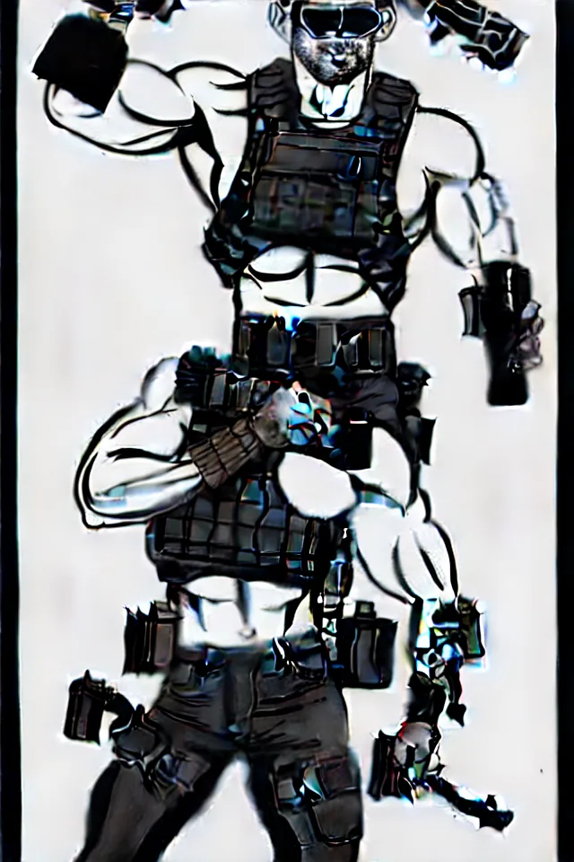 Image similar to muscular man, black vest with no shirt underneath, goggles around his neck, cargo pants, ammo belt, holding a blaster, long black hair in a ponytail, five o' clock shadow, comic book art, full body shot