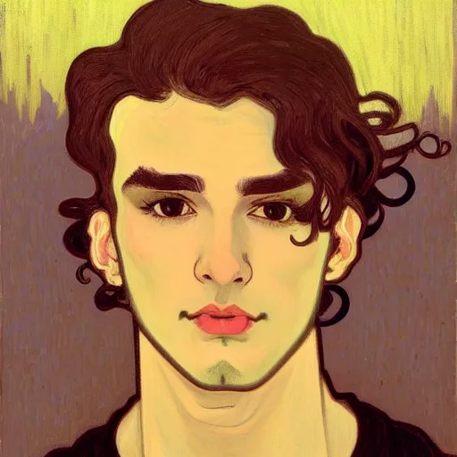 Prompt: painting of young cute handsome beautiful dark medium wavy hair man in his 2 0 s named shadow taehyung at the halloween pumpkin matcha party, straight nose, depressed, melancholy, autumn, elegant, clear, painting, stylized, delicate, soft facial features, delicate facial features, soft art, art by alphonse mucha, vincent van gogh, egon schiele