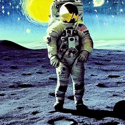 Prompt: astronaut standing on the moon, by Van Vogh in the style of Starry Night
