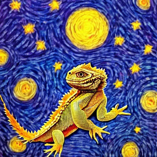 Prompt: Painting of a Bearded Dragon in the style of Starry Night