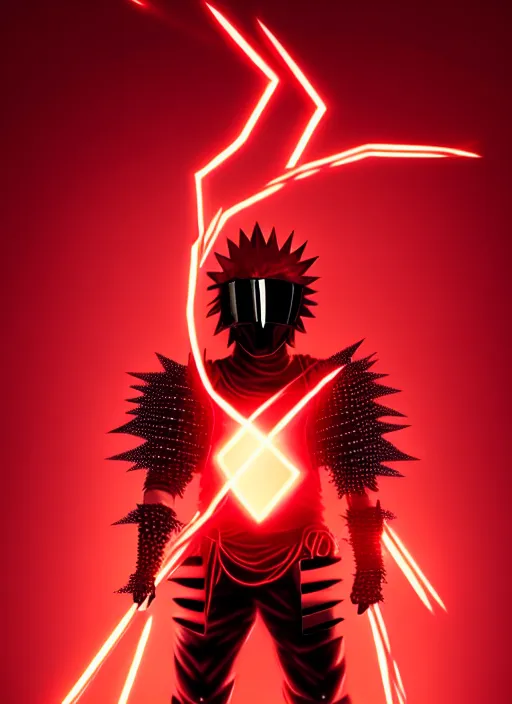 Image similar to a striking cinematic full body manga portrait of a long black haired masked male teenager wearing imposing red jagged spiked plate armour and glowing with raging powerful red energy by hirohiko araki and beeple, fine details, digital art, character concept art, volumetric lighting, cinematic light, photorealistic