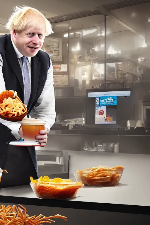 Image similar to intricate color photo of boris johnson, working in mcdonalds serving a customer, 8 k octane beautifully detailed render