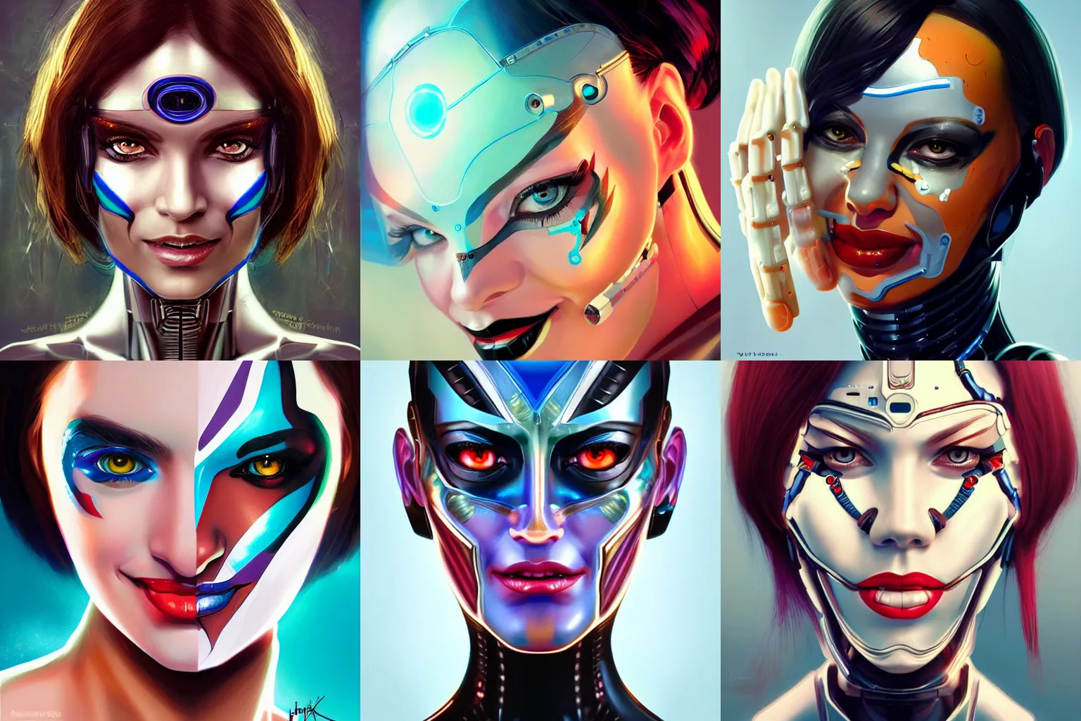 Prompt: cyborg robot woman face painting, looking straight to camera, moderate colors, ornate, digital art, cute smile, winning artwork, digital painting, professional art, elegant, by Ilya Kuvshinov, by artgerm