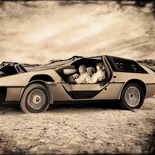 Image similar to a monochromatic sepia photograph of a delorean traveling in a group of covered wagons, trending on art station,