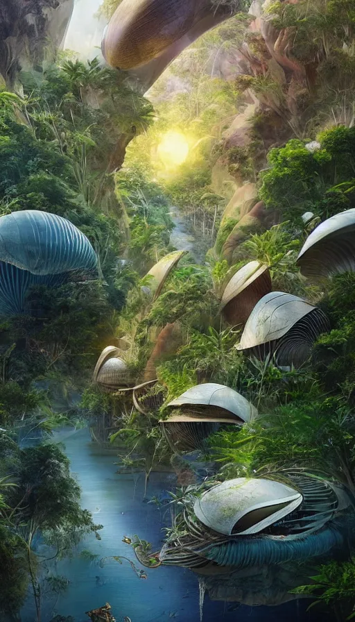 Prompt: beautiful portrait of bamboo living pods shaped like a sea shell built on the side of a cliff, the time machine, spaceship by john berkey, panoramic view, ssci - fi, futuristic valley, rendered in octane, zbrush, rendered in cinema 4 d, art by artgerm, artwork by alex grey and brian froud and esao andrews and david hardy