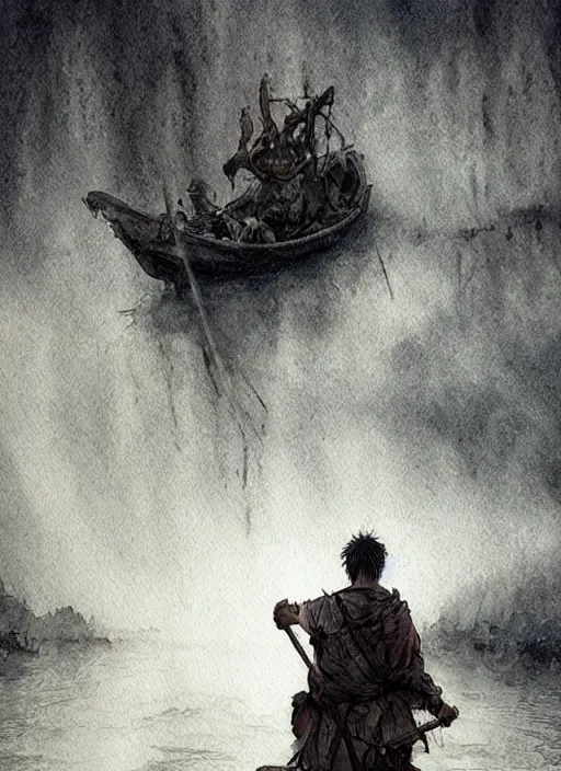 Image similar to portrait, The boatman on the river Styx, watercolor, dramatic lighting, cinematic, establishing shot, extremely high detail, foto realistic, cinematic lighting, pen and ink, intricate line drawings, by Yoshitaka Amano, Ruan Jia, Kentaro Miura, Artgerm, post processed, concept art, artstation, matte painting, style by eddie mendoza, raphael lacoste, alex ross