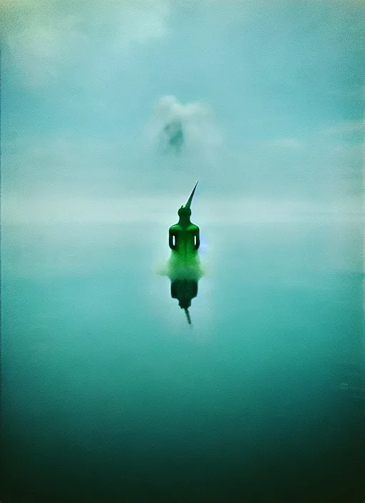 Prompt: “glass unicorn pepe the frog vertically hovering above misty lake waters in jesus christ pose, low angle, long cinematic shot by Andrei Tarkovsky, paranormal, eerie, mystical”
