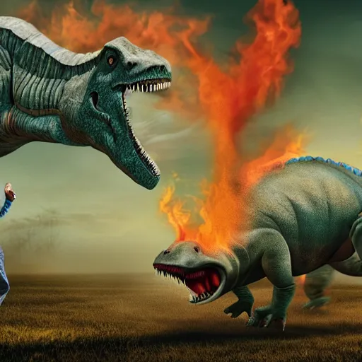 Image similar to huge dinosaur breathing fire being chased by an old man running in pajamas carrying a rolled up newspaper