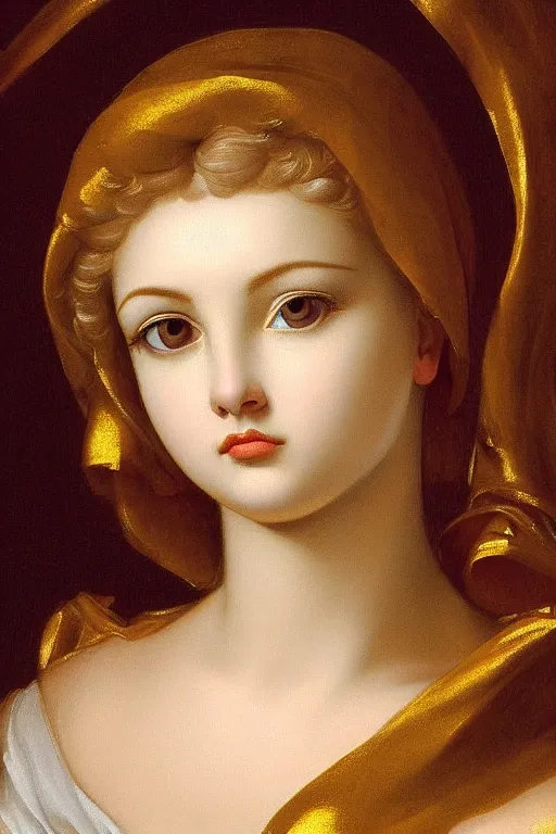 Image similar to Beautiful girl, calm face, closeup, ultra detailed, made in gold, Guido Reni style