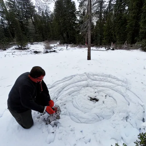 Prompt: a research team finding ancient human remains under snow, some parts of the remains are covered in ice, in the background is frosted green hills with a pine forest.