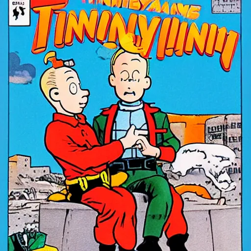 Prompt: comic cover of tintin and snowy in kazakhstan with borat