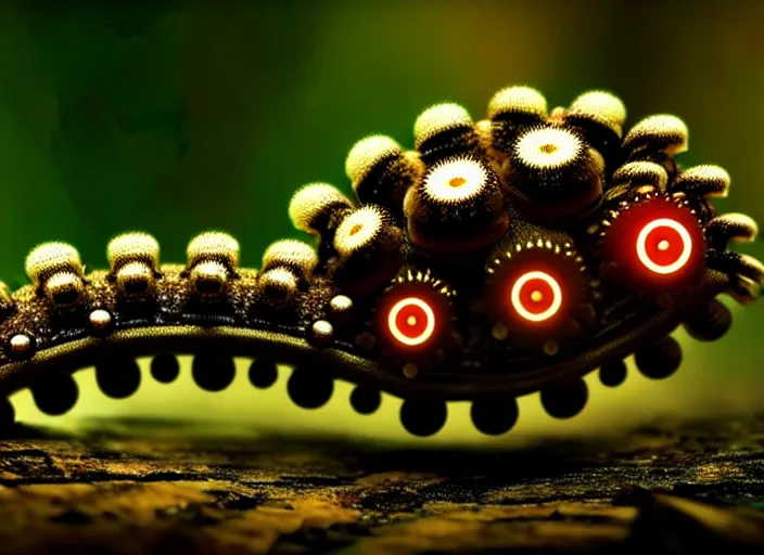 Image similar to 12mm intricate mechanical caterpillar with visible gears and electronics and optic Fibres sitting on top of a mushroom in a magical forest. Very detailed 8k. Fantasy cyberpunk horror. Sharp. Cinematic post-processing