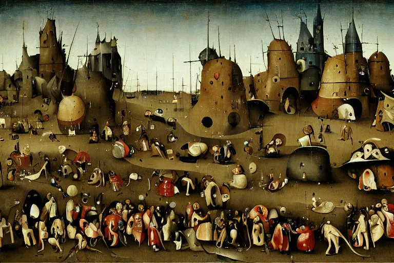 Image similar to urban parking lot painted by hieronymus bosch