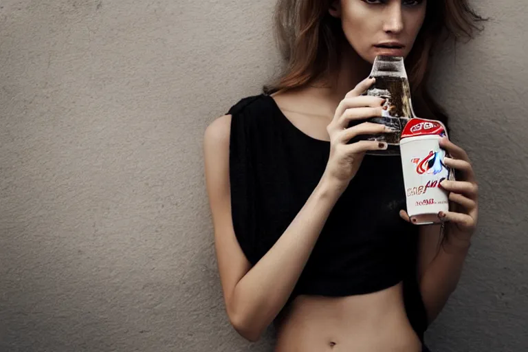 Image similar to beautiful fit summer fashion model woman drinking a Coca-Cola in natural light by Alessio albi