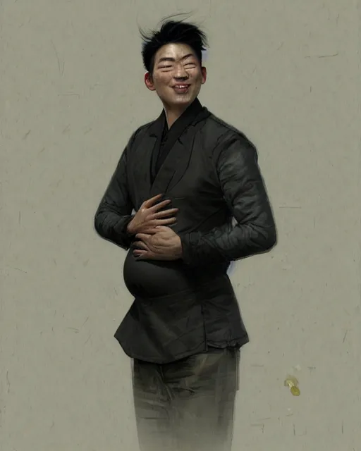 Prompt: A pregnant Asian man with closed eyes smiling, very detailed sharp angular pale masculine face, square jaw, wavy hair, black hair, gorgeous, beautiful, intricate, highly detailed, digital painting, artstation, concept art, sharp focus, illustration, art by Greg Rutkowski and Alphonse Mucha