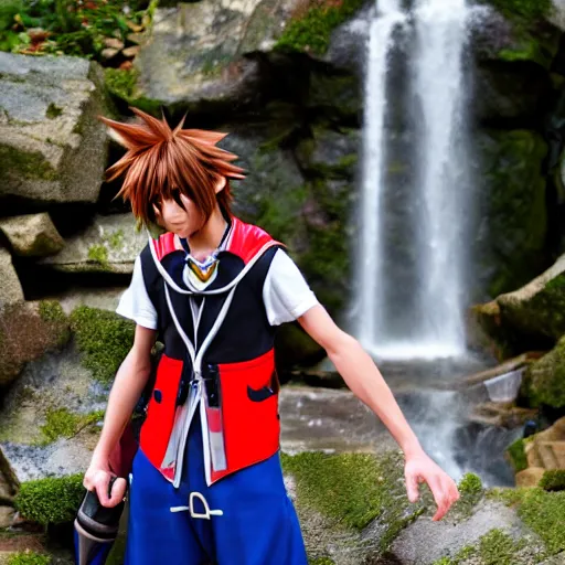 Image similar to kingdom hearts sora cosplay near waterfall low angle 85mm