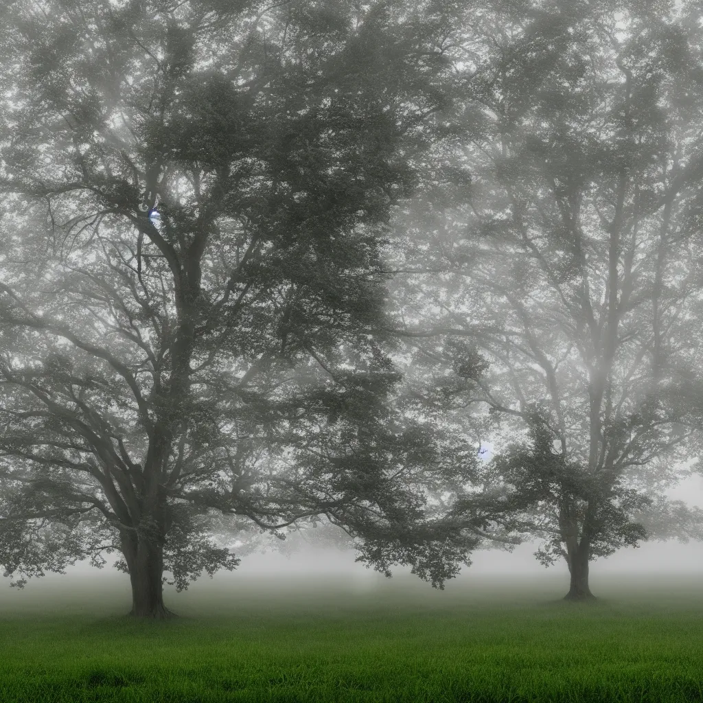 Image similar to A tree growing on a meadow partially covered with morning fog, with leaves divided in four seasons of the year, with tree hollow, with rope ladder, cinematic lighting, photo realistic image, 4K, super detailed, cinematic look