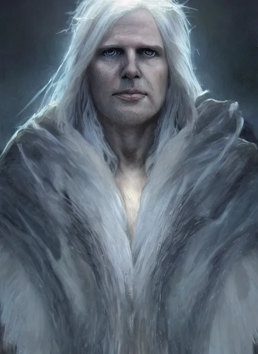 Image similar to Portrait of Prime Minister Scott Morrison, white glowing eyes, silver shaggy hair, cloak, ethereal wings, male, fantasy, extremely detailed, digital painting, artstation, concept art, smooth, sharp focus, illustration, stunning lighting, art by artgerm and greg rutkowski and alphonse mucha and simon stalenhag, realistic character concept, high fantasy, light atmosphere, golden ratio, cinematic lighting, hyperdetailed, high resolution, insanely detailed and intricate, artstation, Marc Simonetti, Greg Rutkowski, 8k