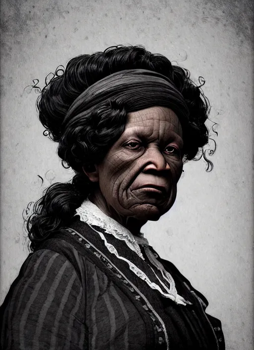 Prompt: a portrait of an old black woman with a crooked nose in victorian clothing, confident pose, intricate, elegant, sharp focus, illustration, highly detailed, concept art, matte, trending on artstation, anime, art by james jean and artgerm and brian despain and alberto mielgo, greg rutkowski, wlop, ilya kuvshinov, strong strokes