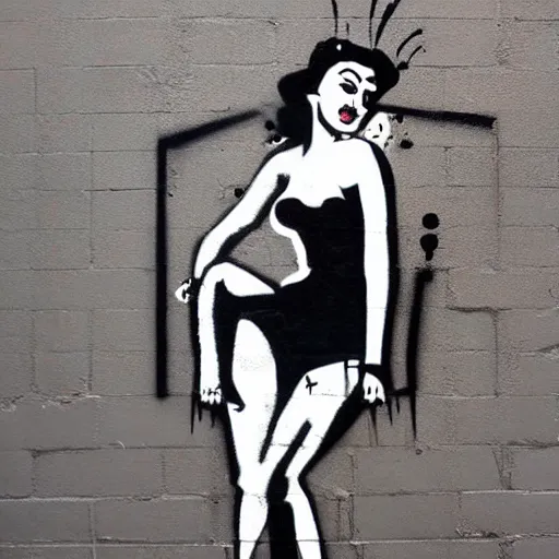Prompt: rough rugged simple yet detailed graffiti of a pinup girl on a black wall designed by bansky