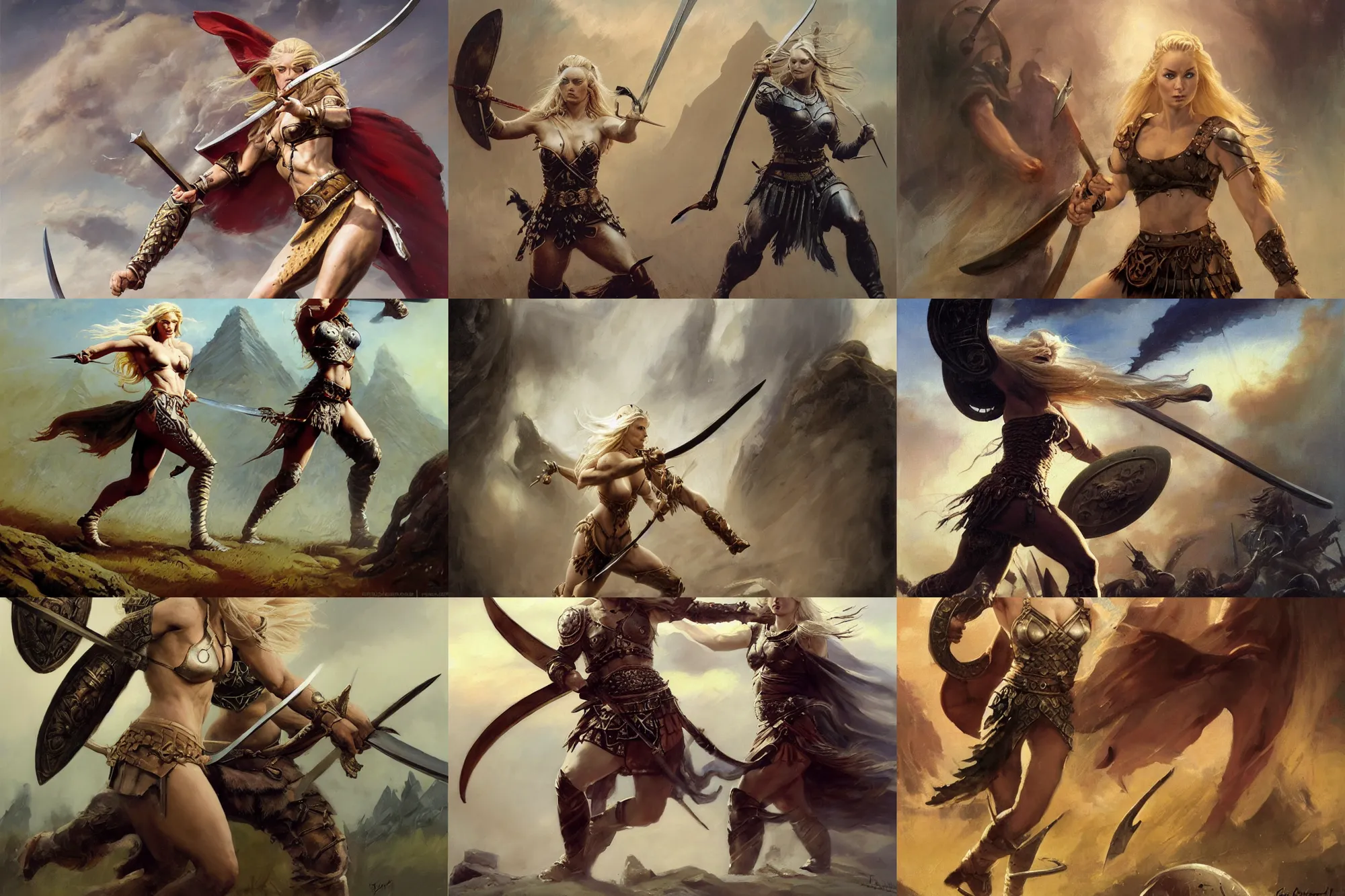 Prompt: An oil painting of a beautiful blonde viking woman running into battle with sword, ancient armor, aesthetic face, by Frank Frazetta, Greg Rutkowski, Boris Vallejo, Neal Hanson, Christian MacNevin, epic fantasy character art, goddess of war, goddess of anger, high fantasy, full length, exquisite detail, post-processing, low angle, masterpiece, cinematic, colossal dragon in background