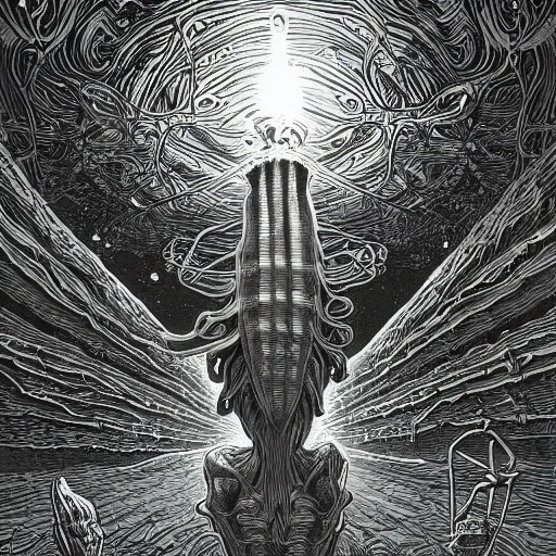 Image similar to seti alien announcement by dan mumford and gustave dore