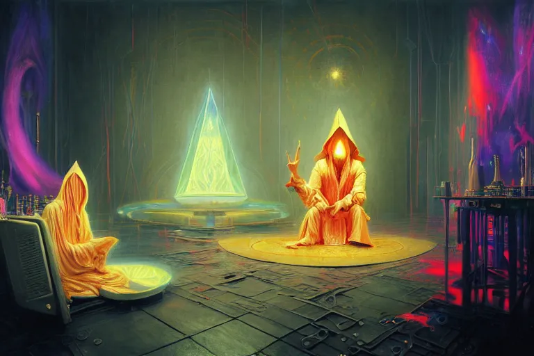 Image similar to a highly detailed beautiful masterpiece painting of a technomancer wizard in robes with pointed hood discussing sentience with his synthesized AI djinn in his laboratory near a computer by Remedios Varo and Anato Finnstark and Greg Rutkowski, dayglo pink, dayglo blue, dazzle camouflage, 8k, trending on ArtStation, rendered in Octane, volumetric lighting