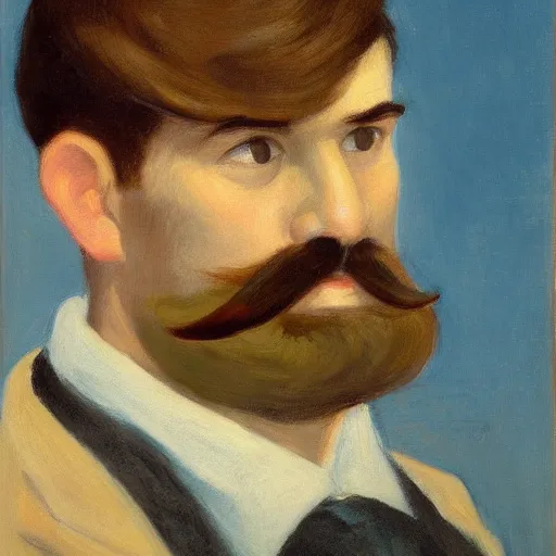 Prompt: a brown haired man with a mustache staring deeply at camera, detailed, edward hopper,