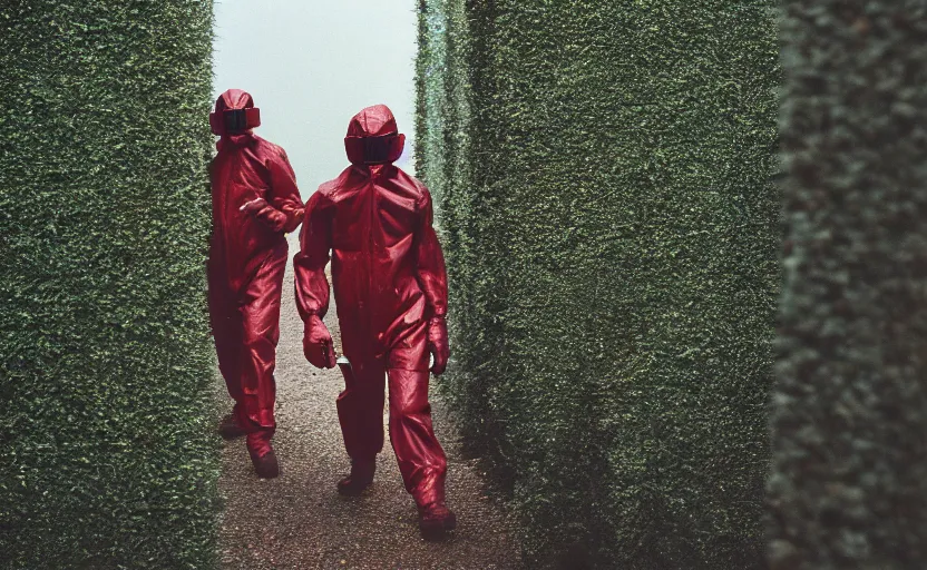 Image similar to cinestill 5 0 d photographic portrait by helen levitt of dark red hazmat scientists with guns walking through a brutalist hedge maze, extreme closeup, cinematic, modern cyberpunk, dust storm, 8 k, hd, high resolution, 3 5 mm, f / 3 2, tenet