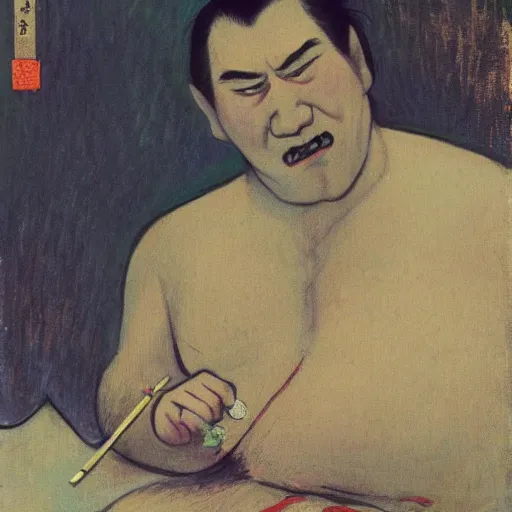 Image similar to dracula as an aging sumo signing autographs by monet