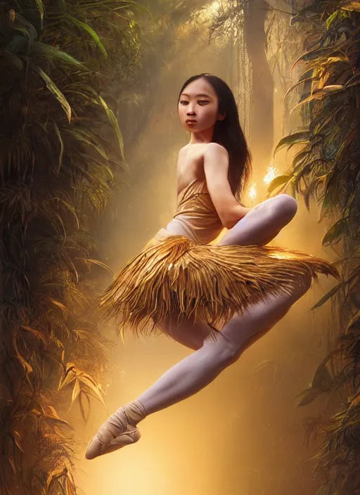 Image similar to stunningly beautiful, asian prima ballerina in jungle, golden hour, smooth, focus, highly detailed, hyper realistic, dramatic lighting, elegant, intricate, concept art, art by wlop, mars ravelo, greg rutowski